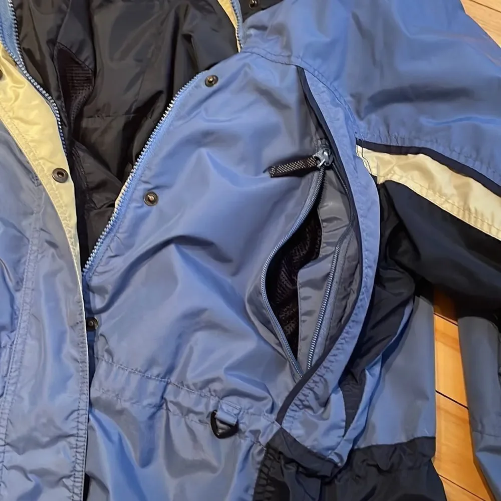 Columbia Fire Ridge blue/navy/light gray zipper/snap front snowboard jacket. Sm